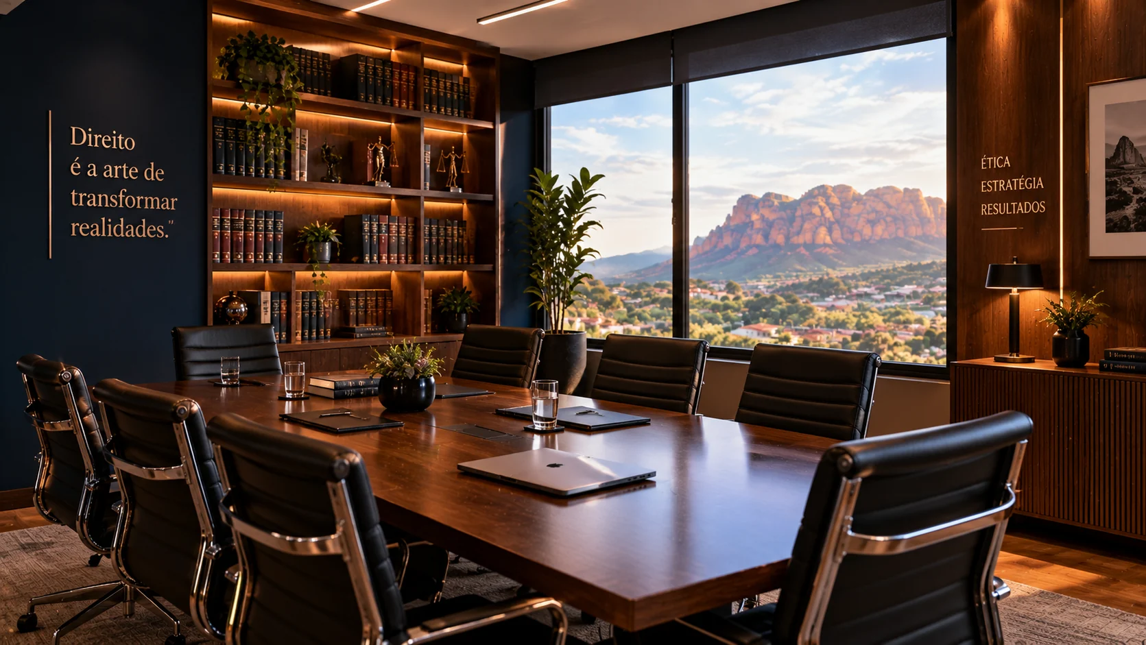 Sala de reuniões jurídicas com vista para as montanhas
