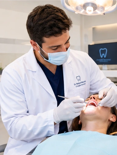 Dr. Rafael Martins, de máscara e luvas, realizando um atendimento odontológico