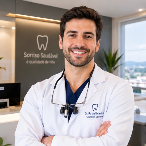 Dr. Rafael Martins, cirurgião-dentista, sorrindo de braços cruzados na recepção do consultório
