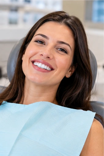 Paciente sorrindo na cadeira do consultório durante a consulta