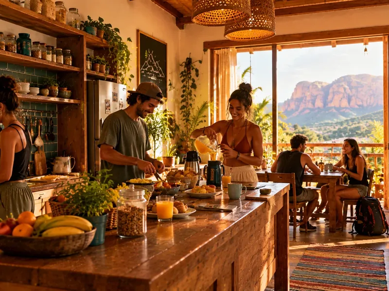 Mesa de café da manhã com frutas, pães e suco