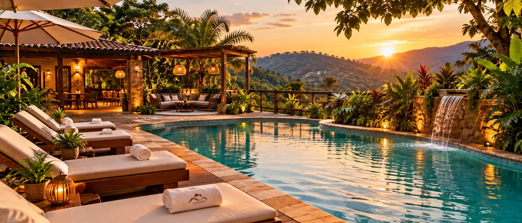 Área externa do hostel com piscina e redes ao pôr do sol