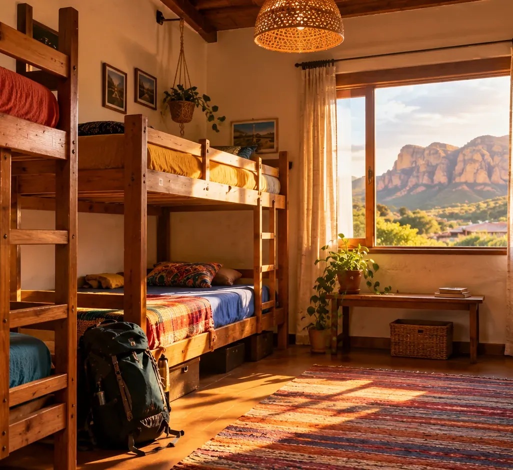 Dormitório misto com beliches de madeira, cortinas e janela