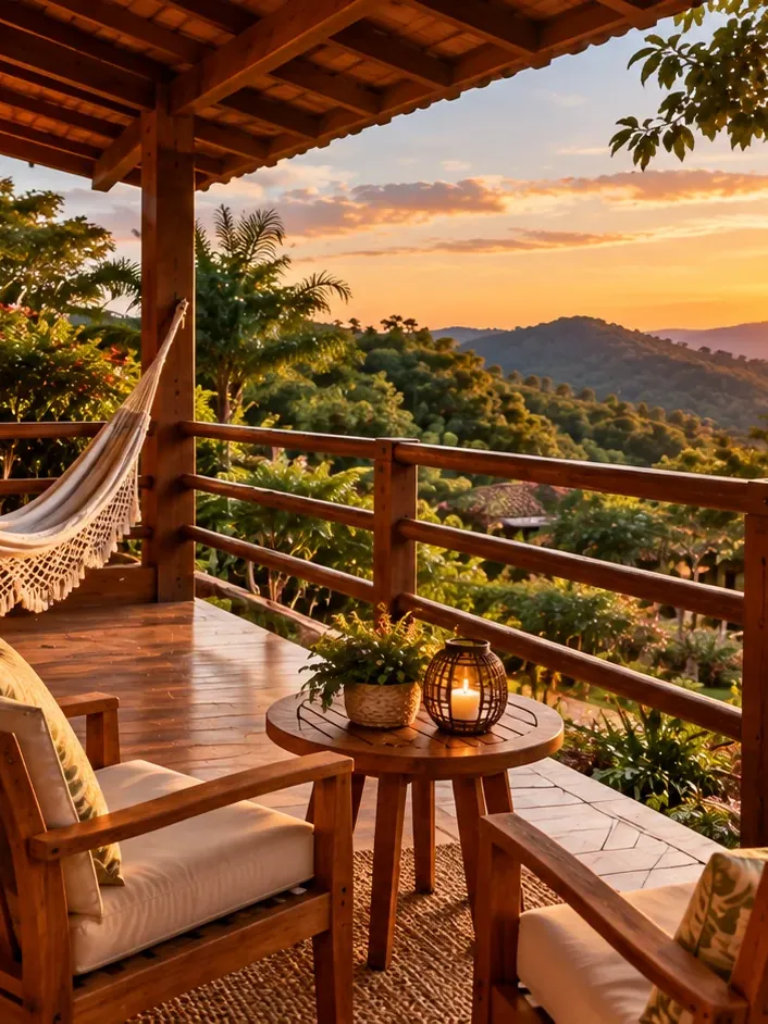 Laje do hostel com rede e vista ao entardecer