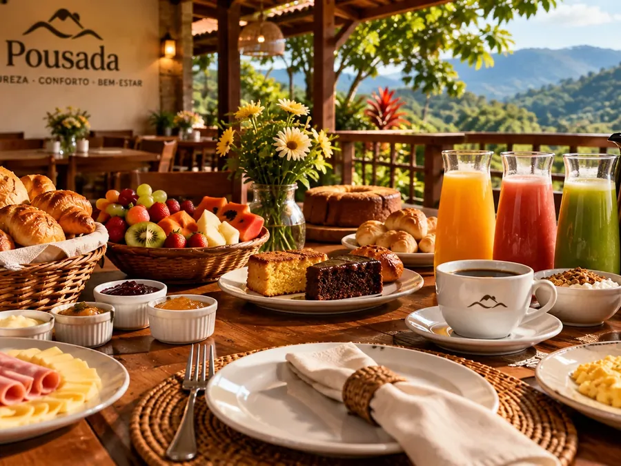 Café da manhã com frutas, pães e suco na varanda