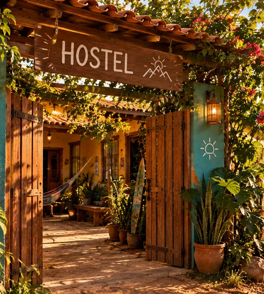 Entrada do hostel com placa de madeira, flores e vista para as montanhas
