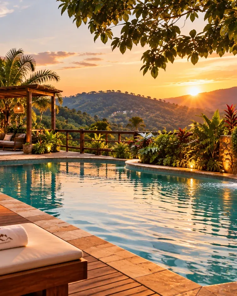 Hostel com piscina e redes ao pôr do sol entre as montanhas