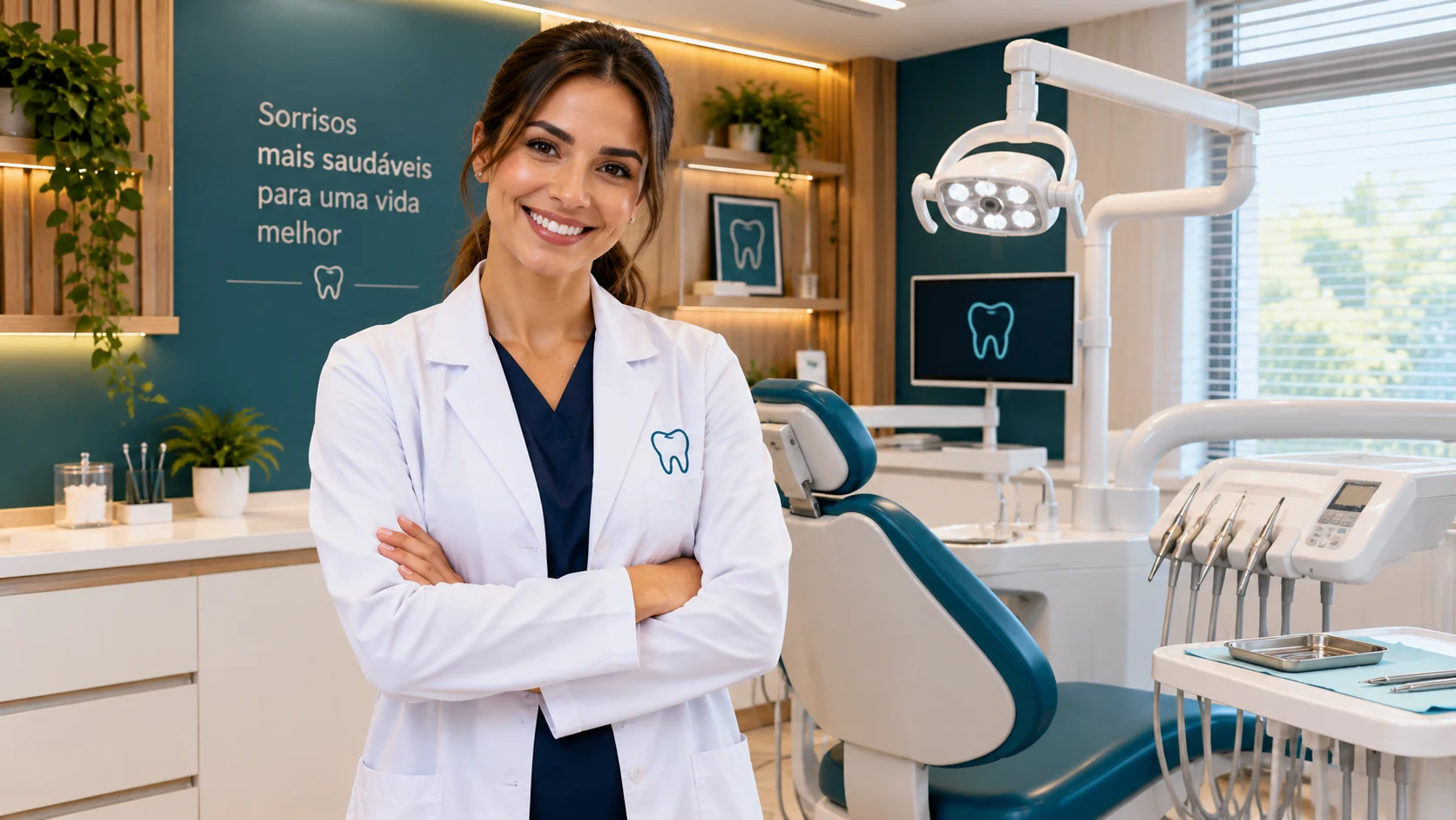 Dentista sorridente em clínica moderna (imagem de exemplo da profissional responsável)