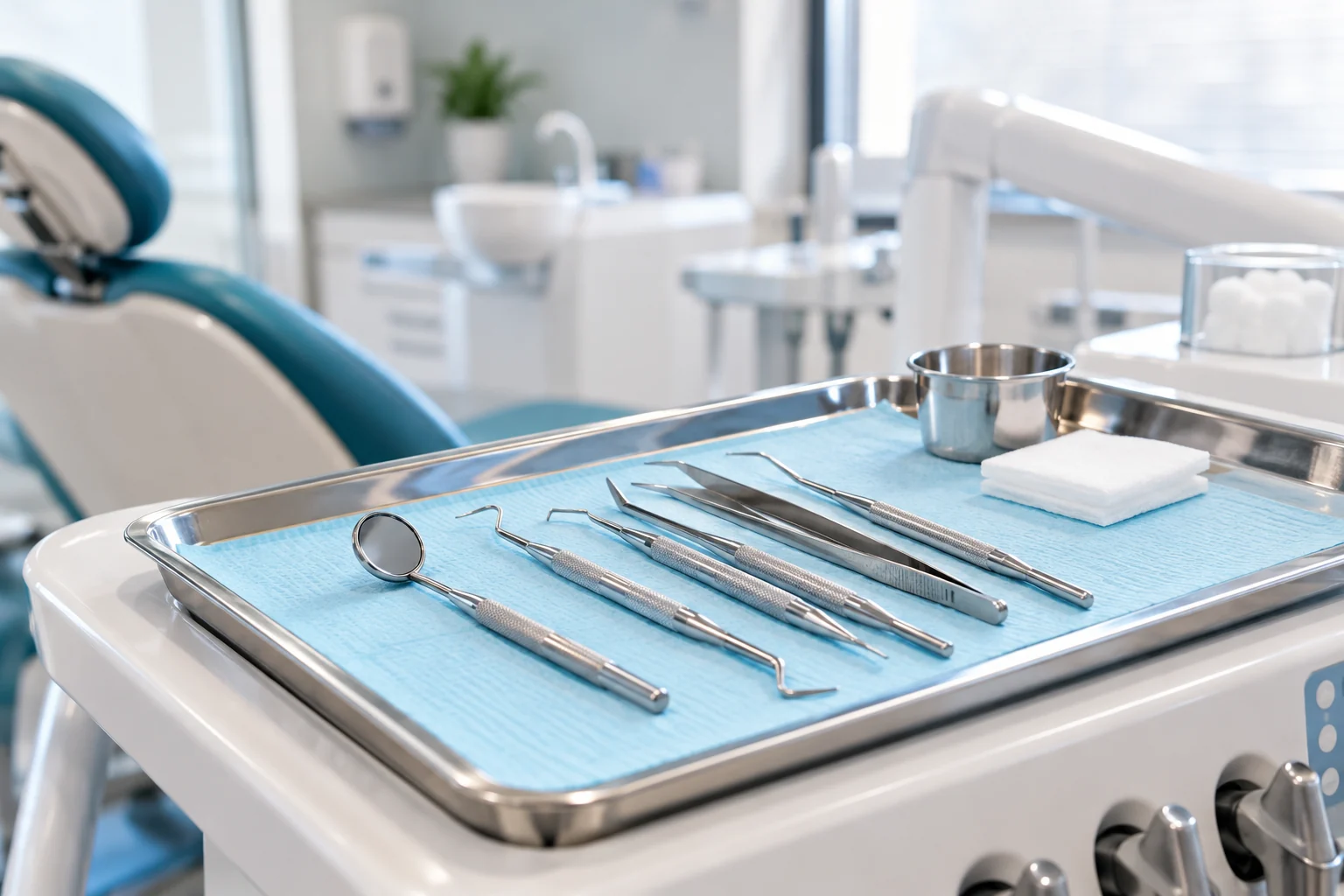 Instrumentos odontológicos organizados em clínica moderna