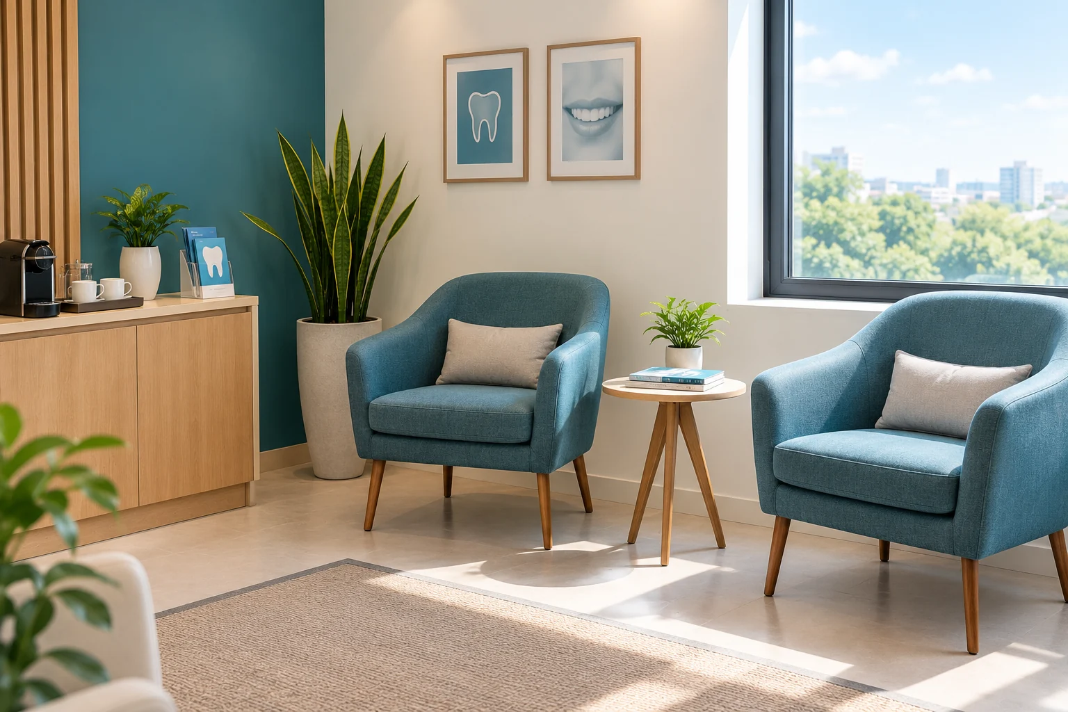 Sala de espera moderna com detalhes em azul-petróleo