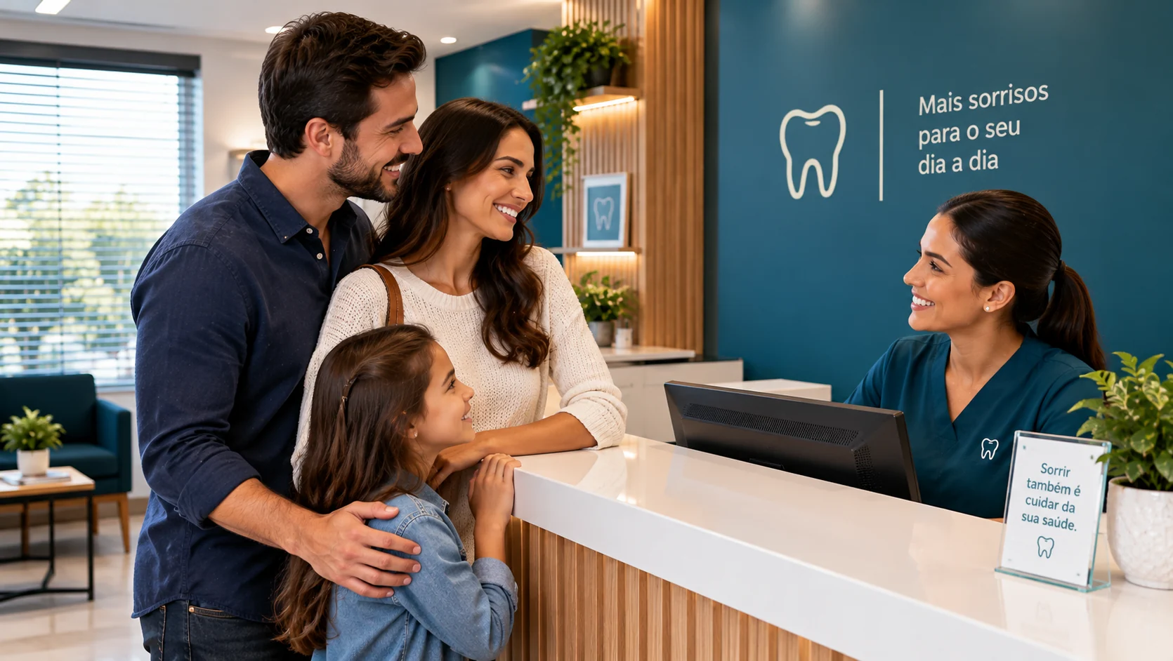 Equipe de atendimento sorrindo na recepção da clínica odontológica