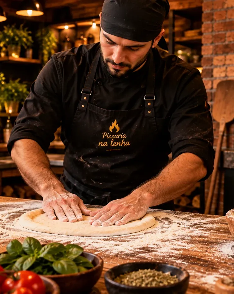 Pizzaiolo abrindo a massa à mão na Fornello