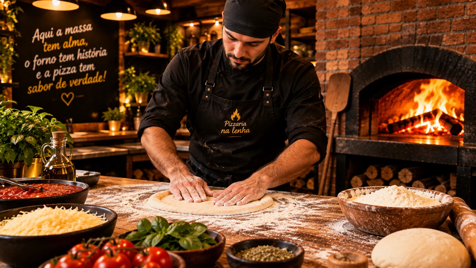 Pizzaiolo trabalhando junto ao forno a lenha da pizzaria