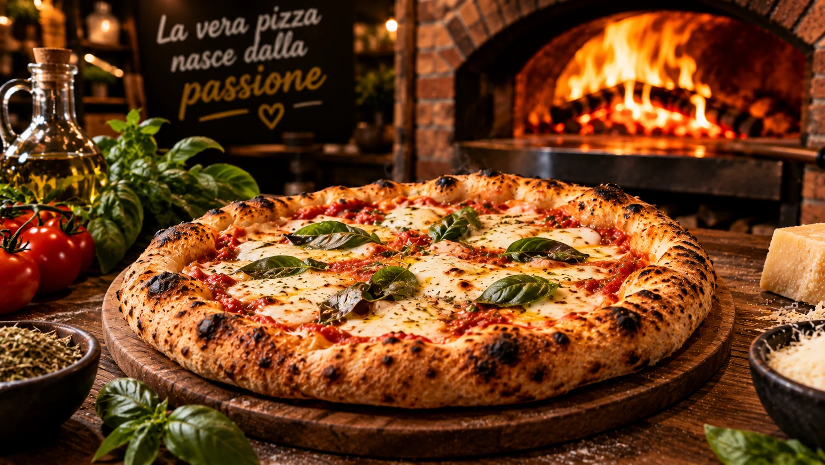 Pizza margherita assada no forno a lenha