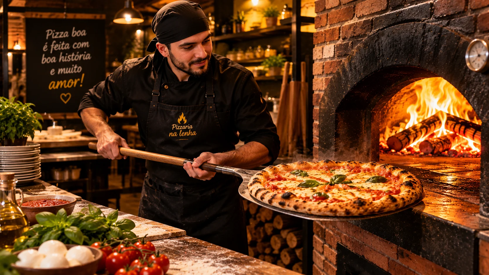 Pizzaiolo e pizza saindo do forno a lenha