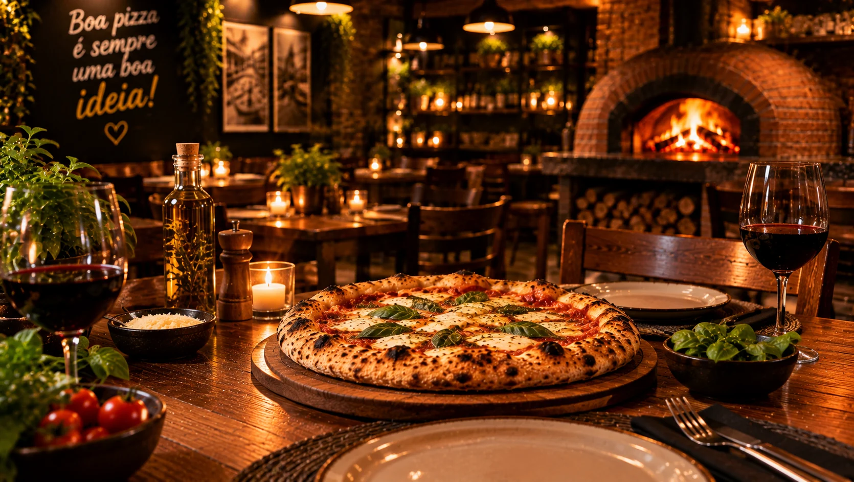 Salão rústico da pizzaria à luz de velas