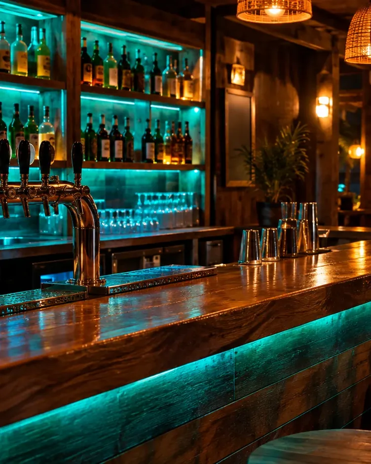 Balcão do pub com luzes de neon em azul e prateleiras de garrafas