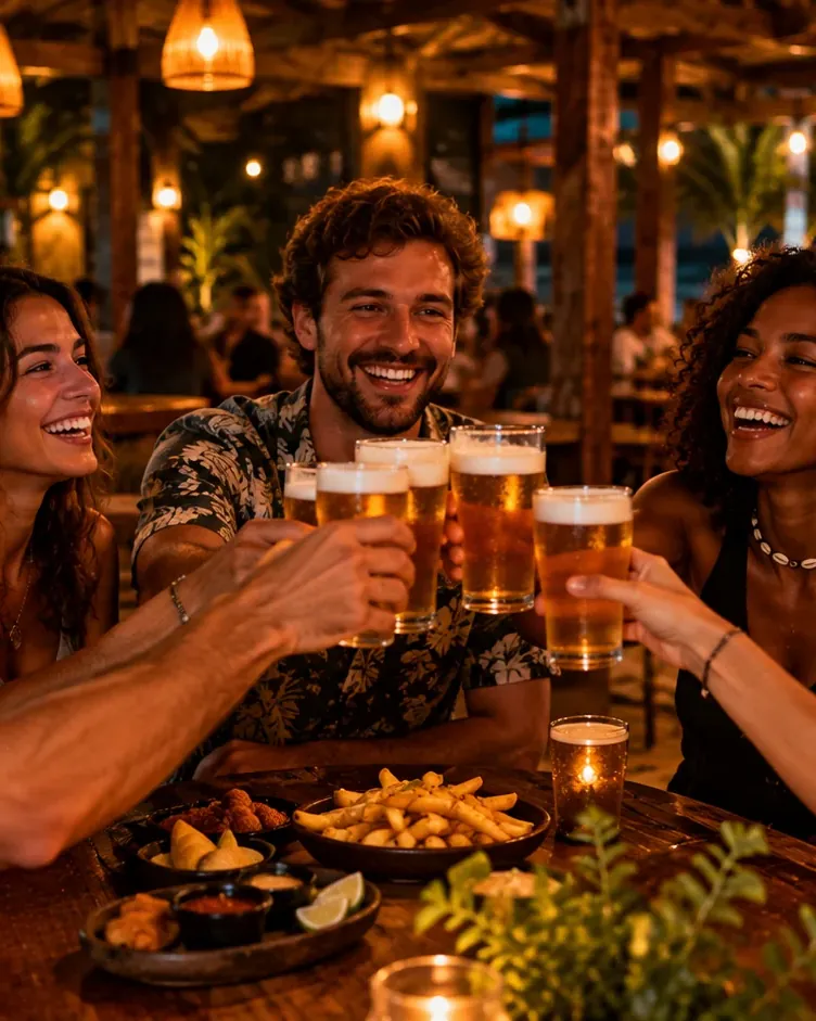 Grupo de amigos brindando com chope no terraço do pub