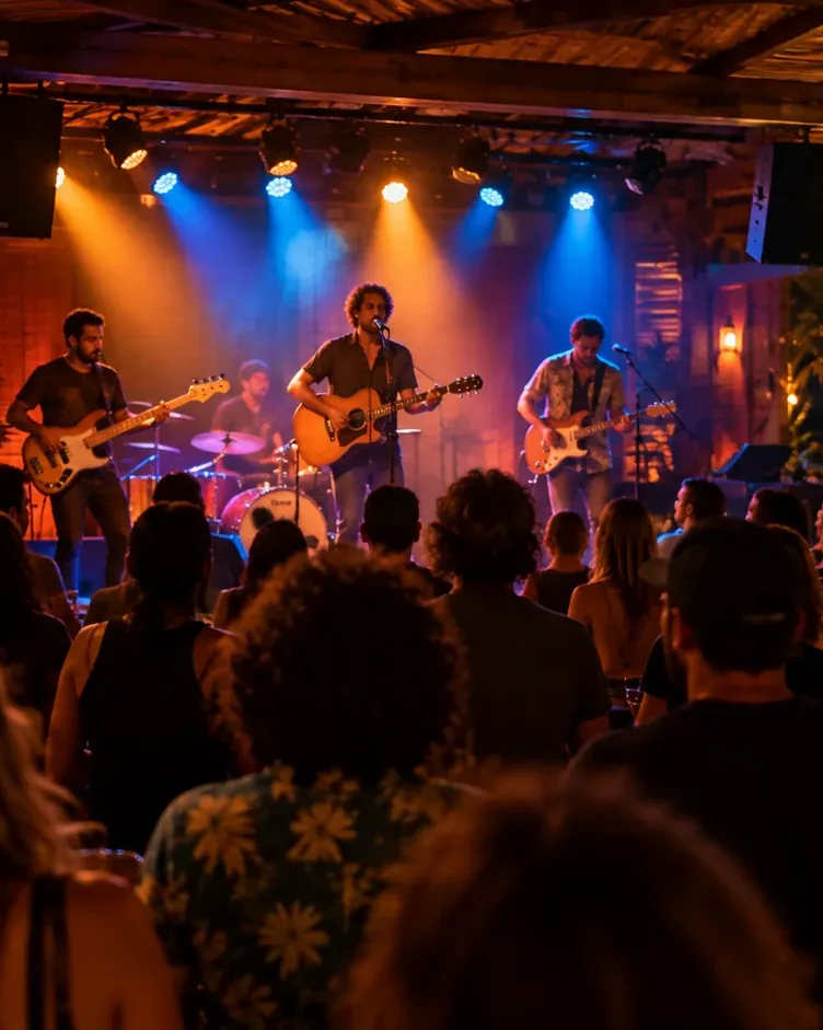 Show ao vivo no palco do pub, com o público ao fundo