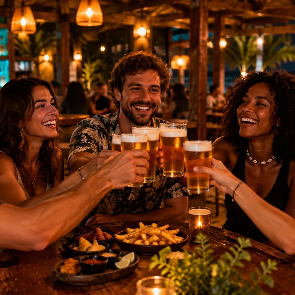 Mesa do ONDA PUB com bebidas e luz suave