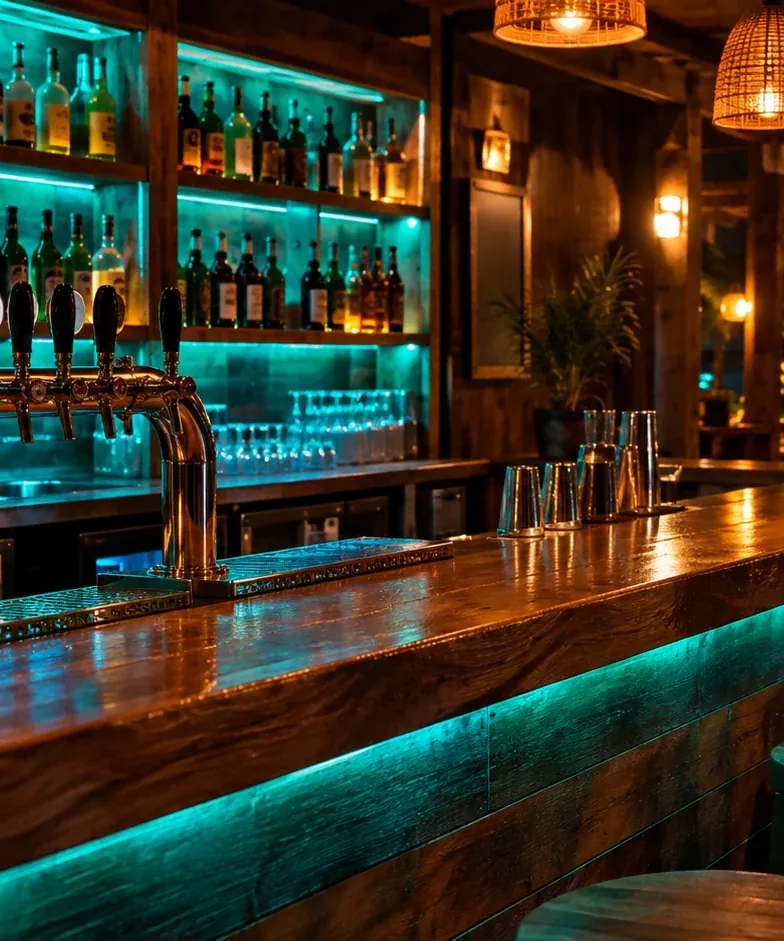 Ambiente interno do ONDA PUB, com mesas e luz suave