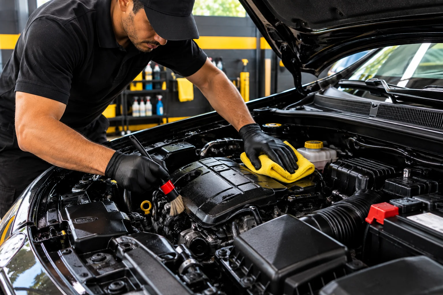Limpeza e detalhamento profissional do motor de um carro