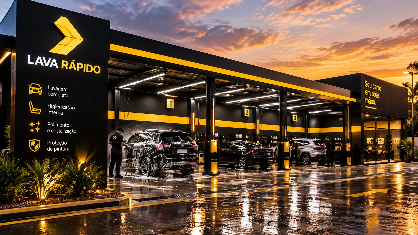 Fachada do lava-rápido ao pôr do sol com carros na entrada