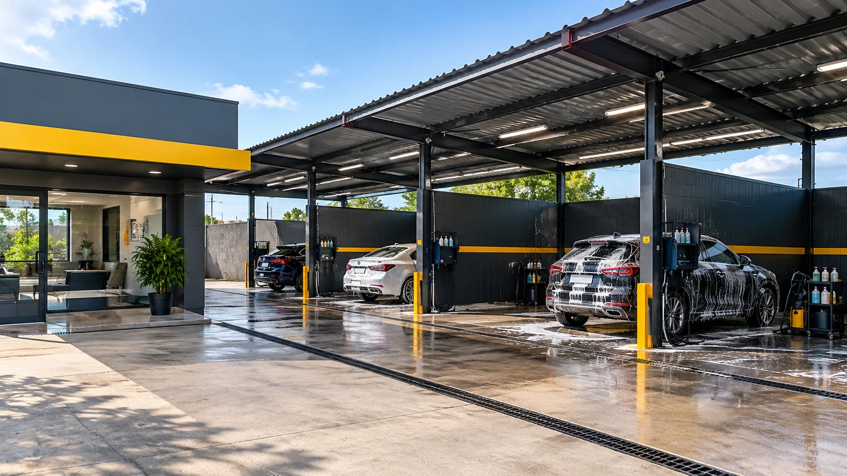 Lava-rápido moderno com carros cobertos de espuma