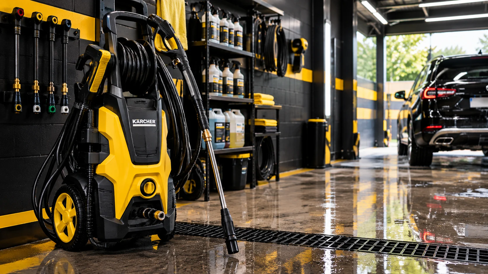 Lavagem automotiva profissional em ambiente preto e amarelo