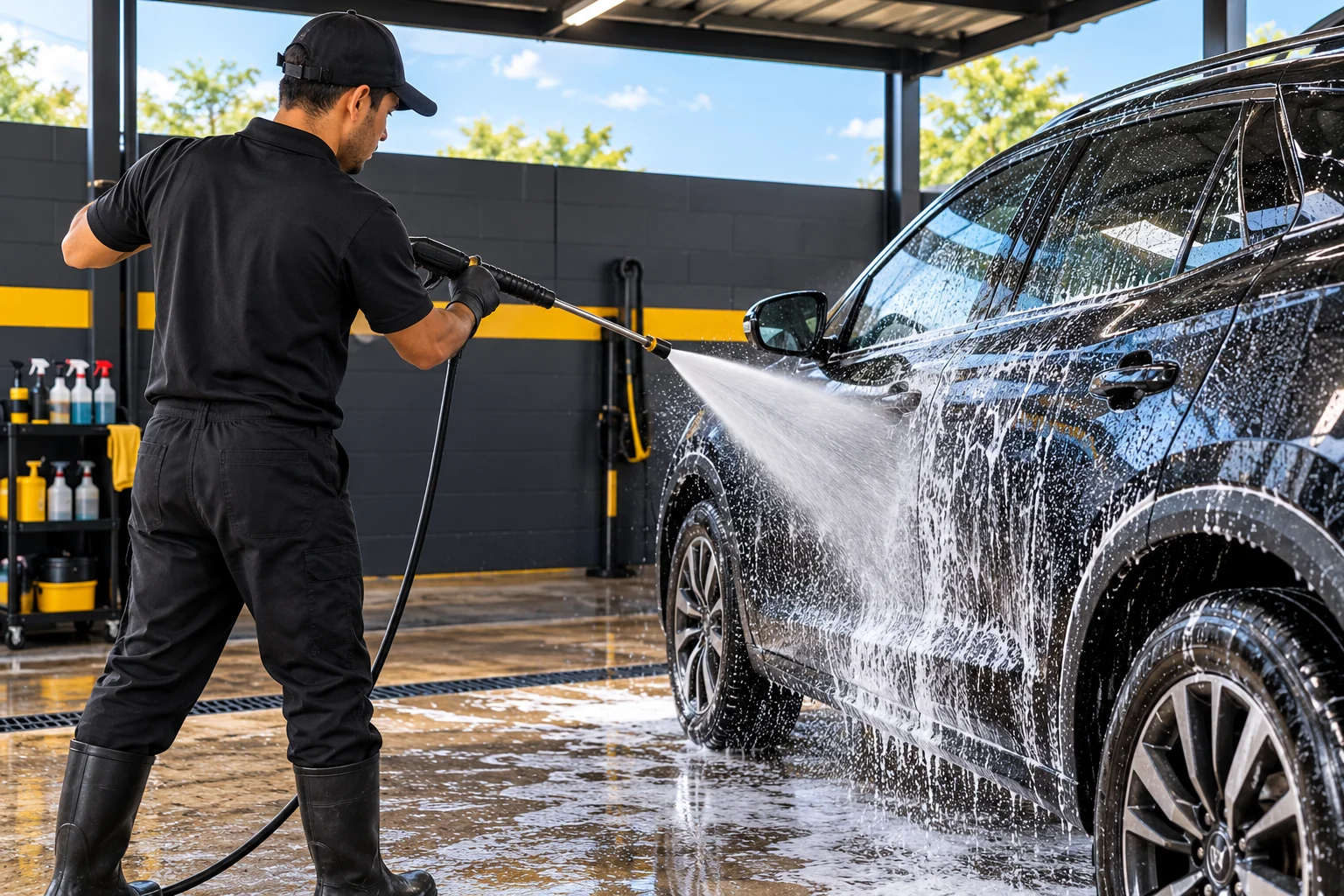 SUV preto sendo lavado com jato de água sob pressão