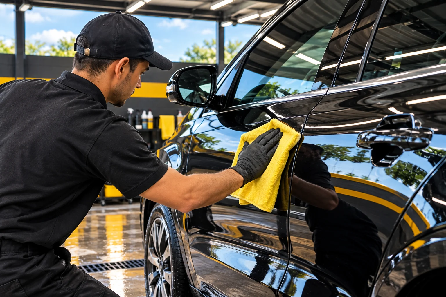 Polimento profissional em um carro preto