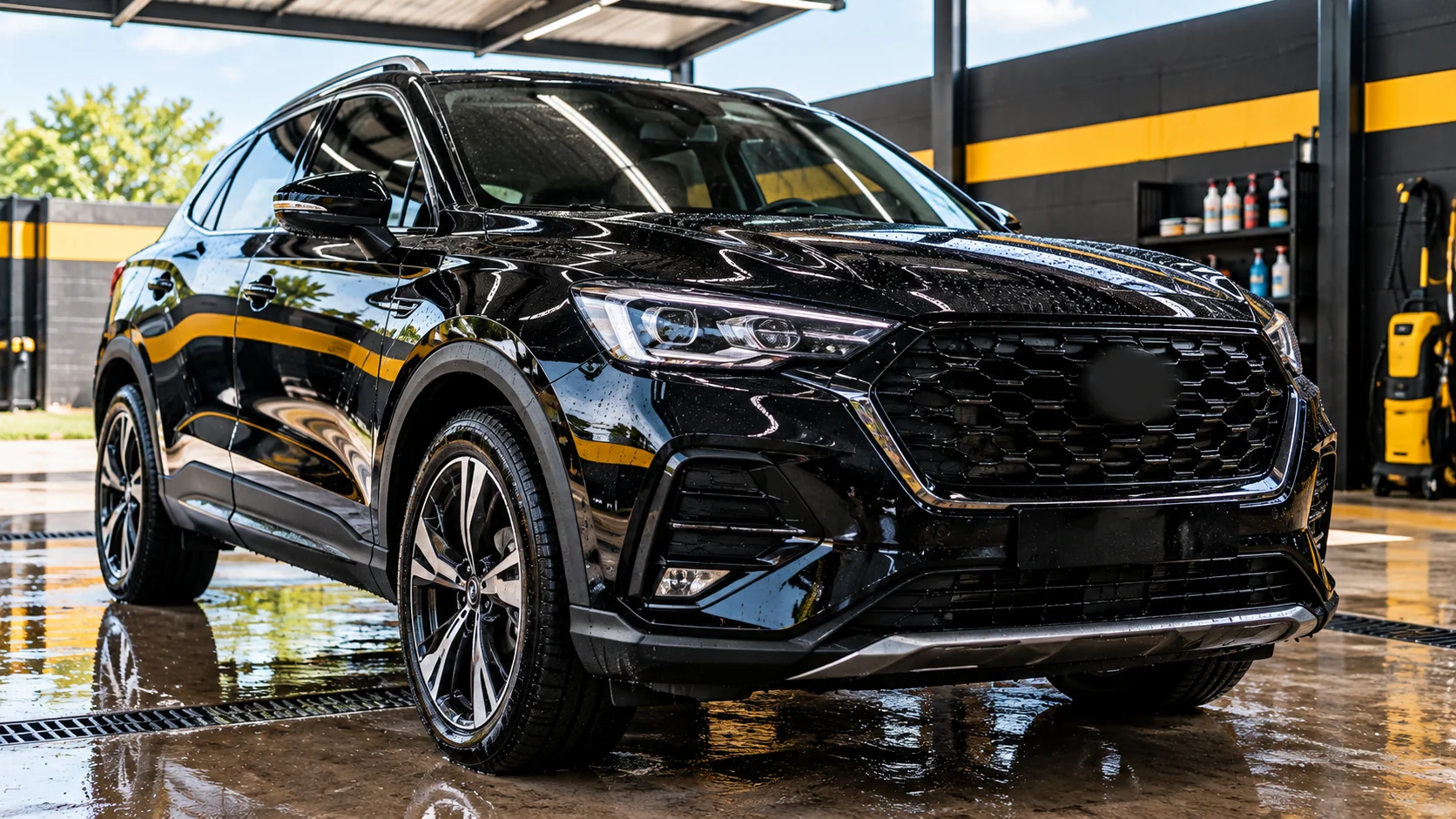 SUV preto brilhando depois da lavagem no lava-rápido