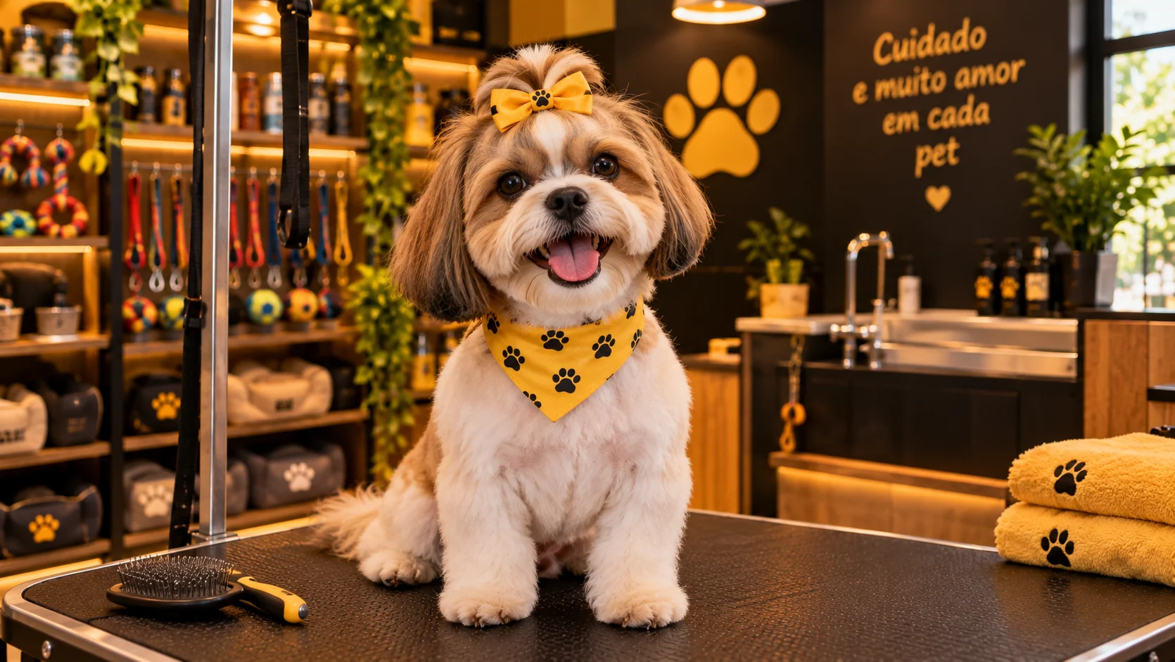 Cãozinho relaxado em ambiente aconchegante de pet shop