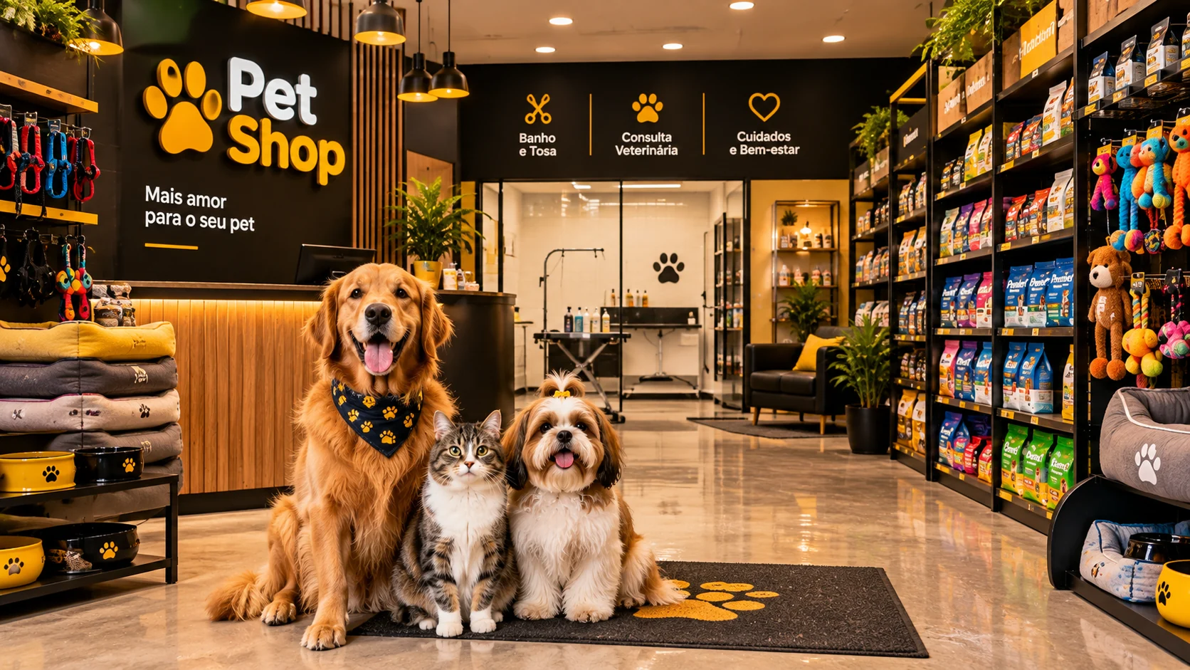 Pet shop acolhedor com cães e gatos felizes
