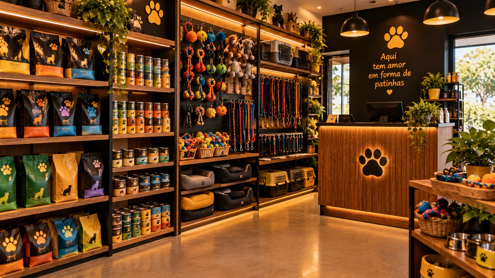 Ambiente aconchegante de pet shop com patinhas decorando a loja