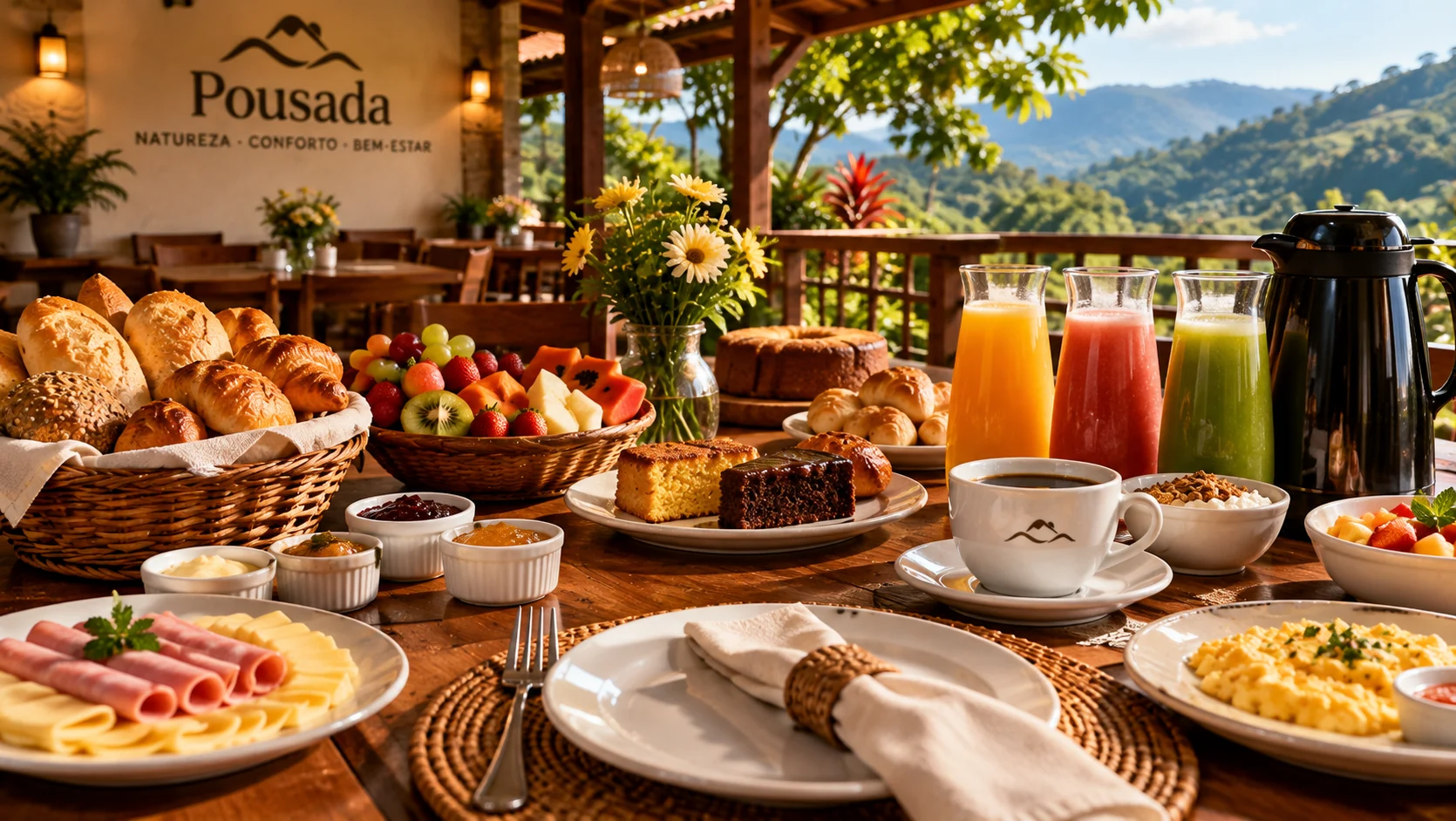 Café da manhã com vista para as montanhas
