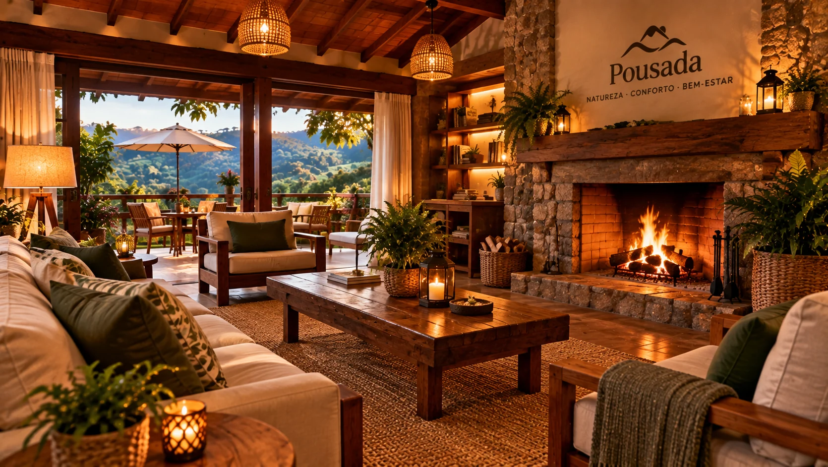 Lounge rústico com lareira e vista para as montanhas