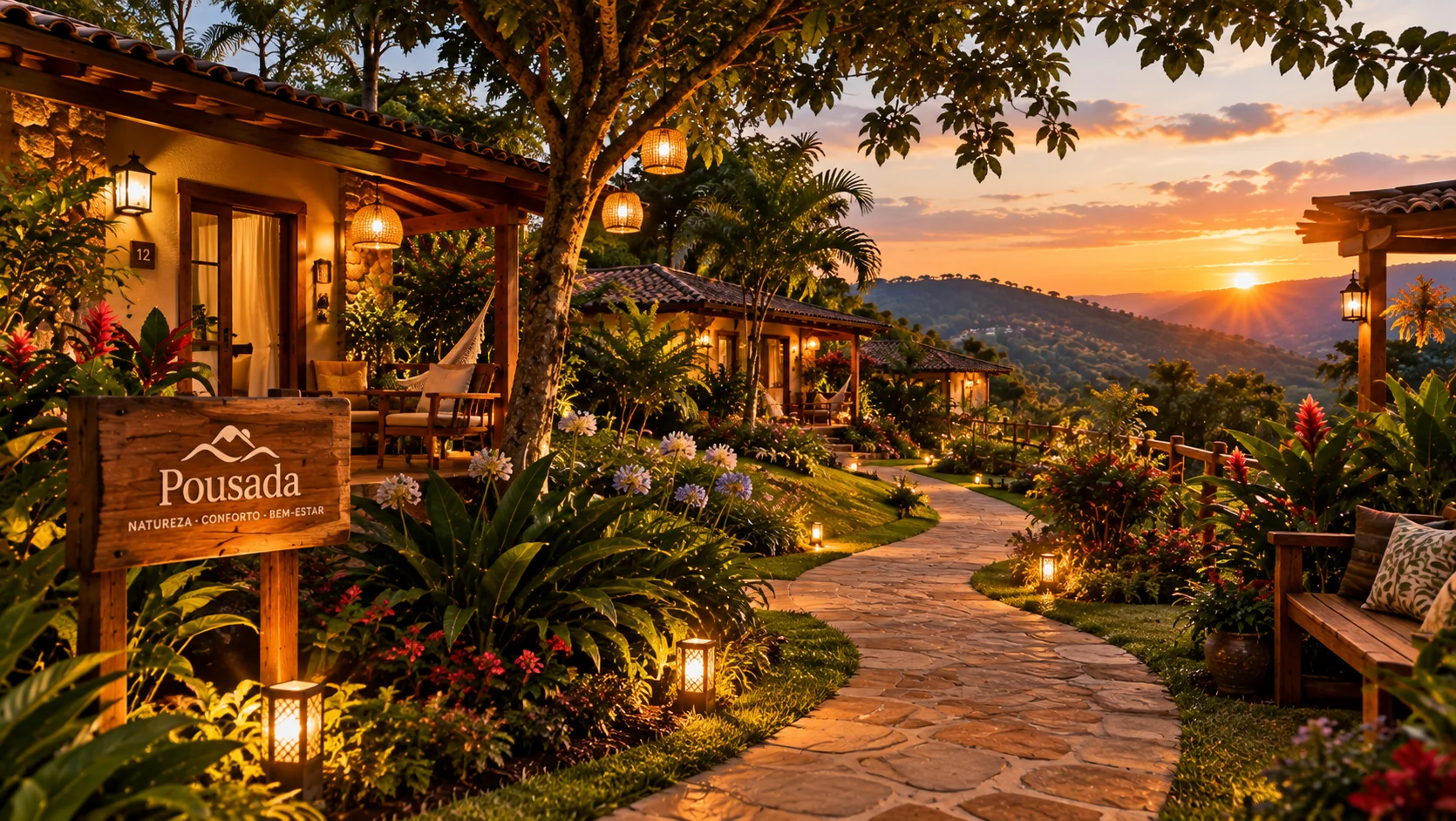 Pousada Alvoreda ao entardecer na montanha