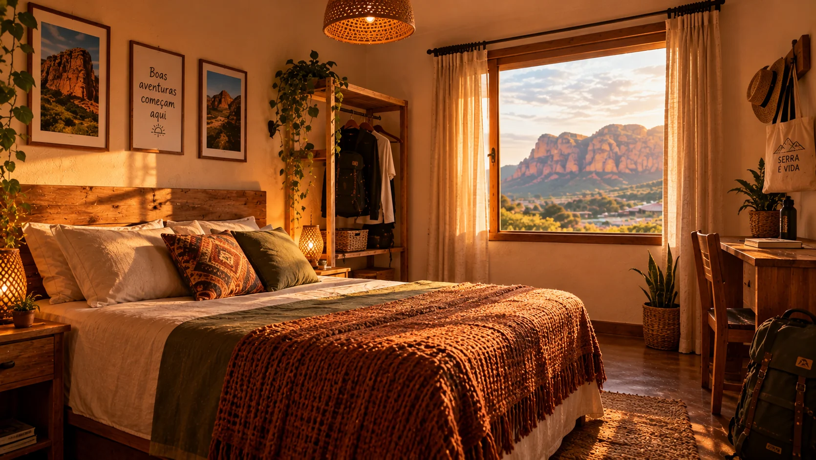 Quarto rústico com vista para as montanhas