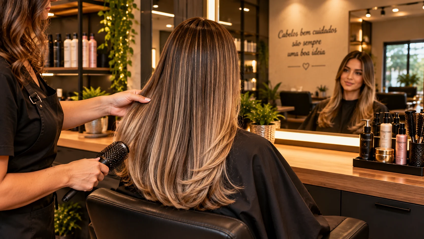 Cabelo com brilho perfeito em salão moderno