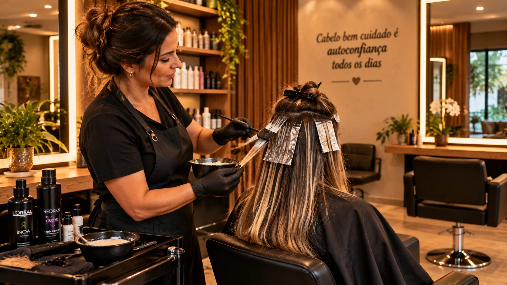 Coloração profissional de cabelo em salão aconchegante