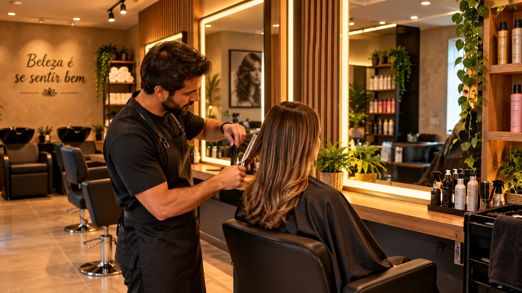 Corte de cabelo elegante em salão aconchegante