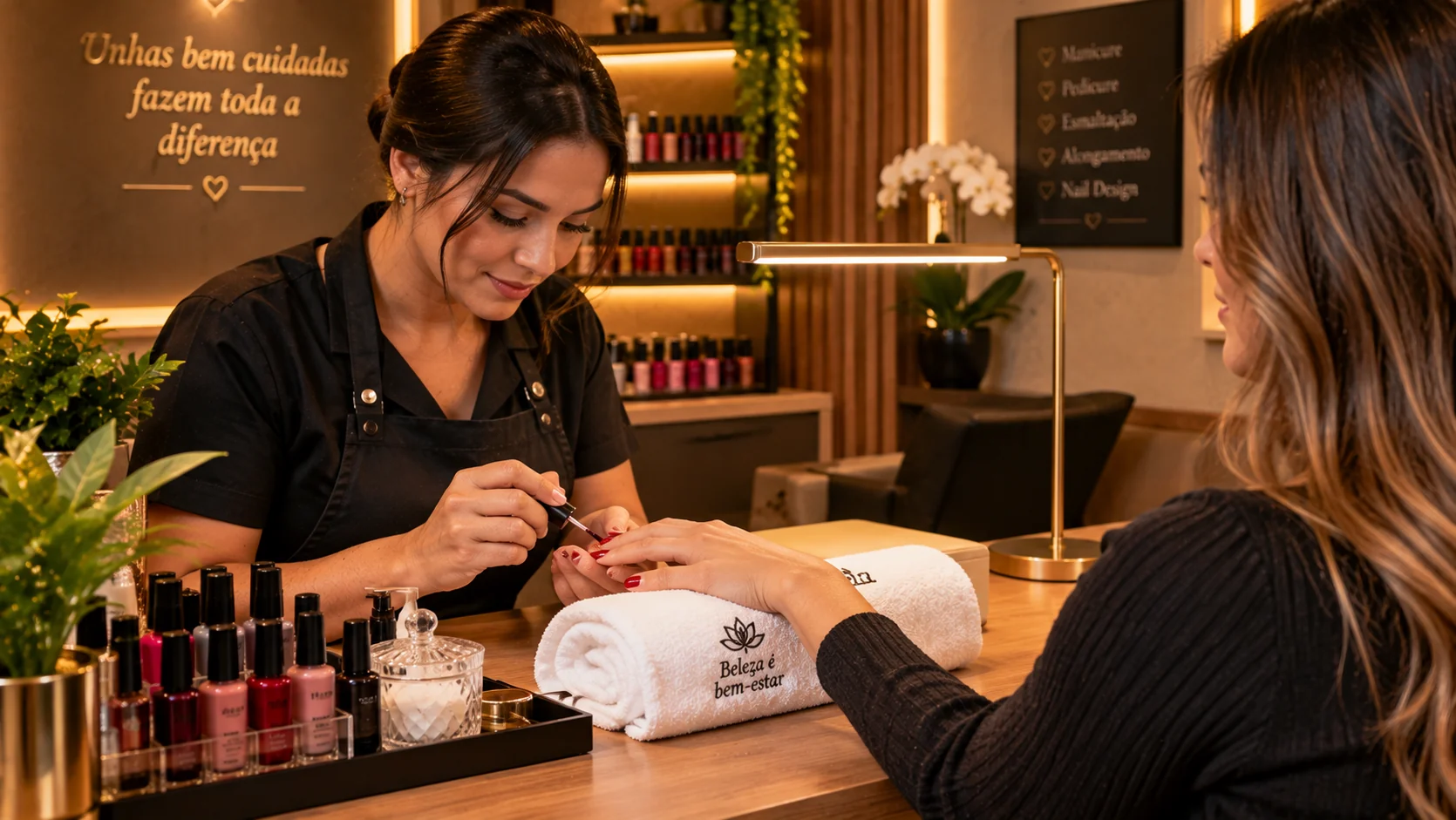 Manicure elegante em salão aconchegante
